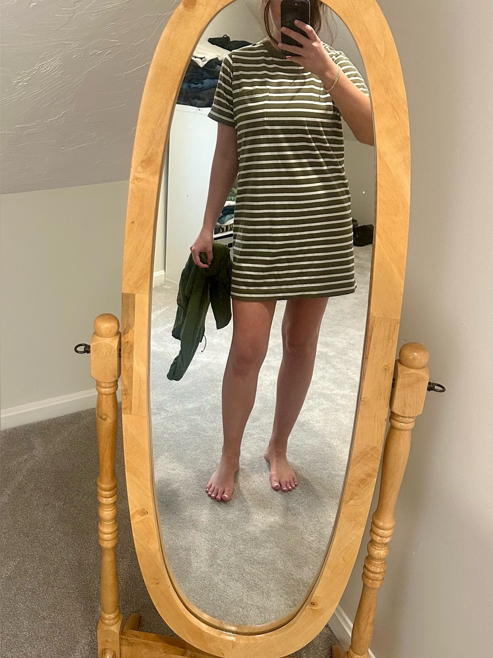 Everlane Mini Striped Olive & White T-Shirt Dress